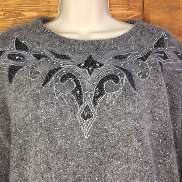 Uno & Una | Vintage Gray Silk Angora Blend Sweater Imitation Leather Detail L - Picture 3 of 5